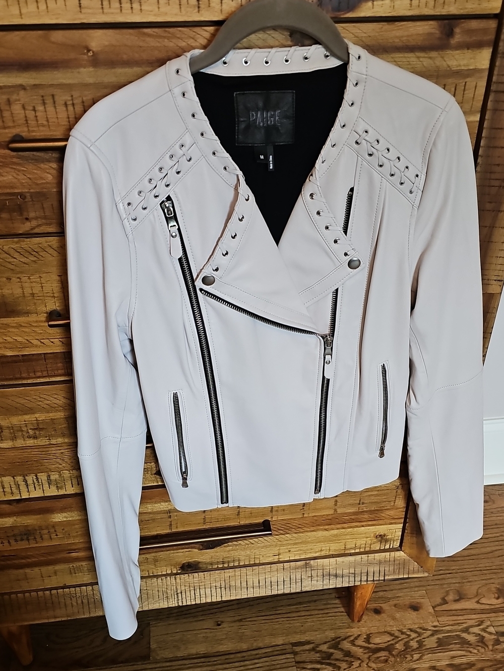 PAIGE Pale Blush Studded Moto Leather Jacket